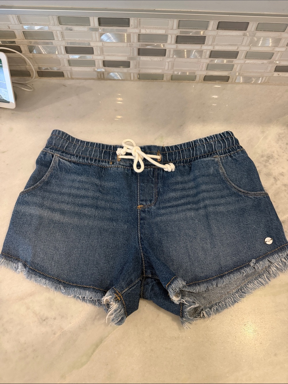 Roxy Blue Denim Frayed Hem Drawstring Shorts